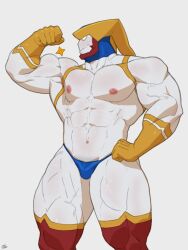 Rule 34 | 1boy, abs, bara, biceps, bikini briefs, bodysuit, bulge, cowboy shot, cwaffle26, flexing, large pectorals, looking to the side, male focus, male underwear, navel, nipples, original, pectorals, profile, red thighhighs, sanpaku, solo, sparkle, standing, stomach, thick thighs, thighhighs, thighs, underwear