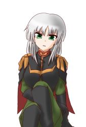 Rule 34 | 1girl, boots, female focus, gloves, green eyes, gundam, gundam zeonic front, military, military uniform, simple background, solo, sophie fran, suukikyou, uniform, white background, white hair