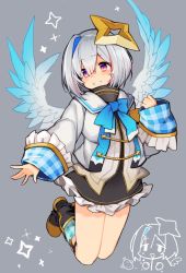 Rule 34 | 1 tokiniha neru., 1girl, amane kanata, angel, angel wings, bad id, bad twitter id, black skirt, blue hair, blush, bob cut, chibi, chibi inset, clenched hand, floating, grey background, halo, highres, hololive, looking down, multicolored hair, open hand, pink hair, purple eyes, sailor collar, short hair, silver hair, single hair intake, skirt, smile, solo, sparkle, star halo, streaked hair, virtual youtuber, wings