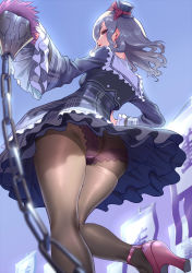 Rule 34 | 1girl, ankle strap, ass, banner, black eyes, black pantyhose, blue dress, blue sky, breasts, chain, closed mouth, commentary request, copyright request, day, dress, earrings, fishnet panties, frilled shirt collar, frilled sleeves, frills, from behind, from below, grey hair, gusset, high heels, highres, holding, jewelry, layered dress, leg up, long hair, long sleeves, medium breasts, outdoors, panties, pantyhose, plaid, plaid dress, purple footwear, purple panties, sailor collar, seductive smile, shin sangoku musou, sky, smile, smoke (flyx21), solo, standing, standing on one leg, strappy heels, stud earrings, underwear, wavy hair, white sailor collar, wide sleeves