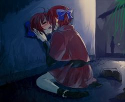 Rule 34 | 2girls, against wall, bad id, bad pixiv id, blush, bow, cape, disembodied head, closed eyes, french kiss, hair bow, hands on own face, kiss, miniskirt, multiple girls, night, panties, panties around leg, red hair, red skirt, sekibanki, selfcest, shoes, unworn shoes, short hair, skirt, tears, tongue, touhou, towako (10wk0), underwear, yuri