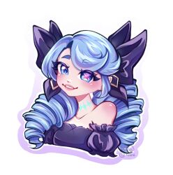 Rule 34 | 1girl, bare shoulders, black bow, blue eyes, blue hair, bow, breasts, collarbone, cropped torso, detached sleeves, drill hair, grin, gwen (league of legends), hair bow, highres, kimi (pumpkimmi), league of legends, long hair, looking at viewer, puffy short sleeves, puffy sleeves, short sleeves, simple background, small breasts, smile, solo, teeth, twin drills, twintails, white background