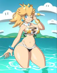 Rule 34 | 1girl, bangle, bare shoulders, bikini, black bikini, blonde hair, blue eyes, blue nails, blue sky, blush, bracelet, breasts, bright pupils, cleavage, closed mouth, cloud, collar, contrapposto, crown, earrings, eyelashes, gold bracelet, groin, tucking hair, jewelry, large breasts, lips, looking away, mario (series), medium hair, mossy, mountain, nail polish, navel, nintendo, one eye closed, open hand, partially submerged, pink lips, ponytail, princess peach, print bikini, shiny skin, sky, smile, solo, standing, star (symbol), star print, super star (mario), string bikini, super mario bros. 1, swimsuit, thick eyebrows, thick thighs, thighs, water, white bikini, white collar, white pupils, wide hips