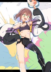 Rule 34 | 1girl, :d, absurdres, armpits, bare shoulders, black choker, black footwear, black legwear, black shirt, black shorts, boots, breasts, brown hair, choker, crop top, ear piercing, green eyes, hand on own hip, highres, holding, jacket, long sleeves, looking at viewer, luke (dydansgur), mask, midriff, mole, mole under eye, multicolored jacket, navel, off shoulder, open clothes, open jacket, open mouth, original, piercing, sharp teeth, shirt, short hair, short shorts, shorts, single leg pantyhose, sleeveless, sleeveless shirt, small breasts, smile, solo, stomach, teeth, thighs, torn clothes, torn shirt, two-tone jacket, v-shaped eyebrows