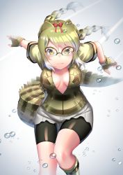 Rule 34 | absurdres, akuma (st.takuma), boots, braid, braided ponytail, breasts, center opening, cleavage, commentary request, crocodile print, crocodilian tail, glasses, gloves, hairband, highres, kemono friends, scales, short hair, shorts, shorts under shorts, slit pupils, solo, spectacled caiman (kemono friends), spiked gloves, tail, twin braids, twintails, underwater, v-shaped eyebrows