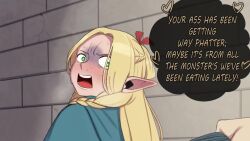 Rule 34 | 1boy, 1girl, ?, ??, animated, ass, audible speech, blonde hair, breasts, butt crack, clothes, clothes grab, dubbed comic, dungeon meshi, eating, embarrassed, english audio, english text, fat, female focus, green eyes, huge ass, long hair, marcille donato, medium breasts, merurava, open clothes, open mouth, pointy ears, scared, sitting, slideshow, sound, speech bubble, sweat, tagme, thought bubble, video, yamathegod
