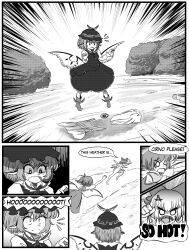 Rule 34 | 3girls, animal ears, bird ears, bird wings, bow, cirno, comic, commentary, crying, daiyousei, detached wings, dress, emphasis lines, english commentary, english text, fairy wings, flower, greyscale, hair bow, hat, highres, ice, ice wings, ja moth, long sleeves, monochrome, multiple girls, mystia lorelei, nude, outdoors, shaded face, short hair, side ponytail, speech bubble, sunflower, touhou, winged footwear, winged hat, wings