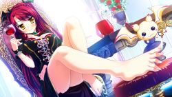 Rule 34 | 1girl, barefoot, blush, braid, breasts, brown eyes, cup, dora, drinking glass, dutch angle, feet, feet on chair, flower, foreshortening, game cg, gem, head wings, jewelry, large breasts, legs, long hair, luce yami asutarite, magical marriage lunatics!!, non-web source, applying pedicure, pendant, pitcher (container), red hair, rose, sitting, smile, solo, spread toes, toenails, toes, wine glass, wings, yamakaze ran, yellow eyes