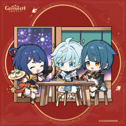 Rule 34 | 1girl, 2boys, bell, black footwear, black gloves, blue eyes, blue hair, boots, bowl, braided hair rings, brown eyes, chibi, chinese clothes, chongyun (genshin impact), chopsticks, closed eyes, commentary, copyright name, dot nose, english commentary, fingerless gloves, food, genshin impact, gloves, hair ornament, hairclip, holding, holding bowl, holding chopsticks, holding plate, long sleeves, multiple boys, mushroom, official art, on stool, open mouth, pants, parted lips, plate, shorts, sitting, smile, sparkle, standing, standing on one leg, stool, tassel, vision (genshin impact), white pants, xiangling (genshin impact), xingqiu (genshin impact)