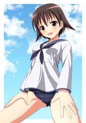 Rule 34 | 1girl, blue sky, brown hair, cameltoe, cloud, day, ki (kk-sk-ray), miyafuji yoshika, old school swimsuit, one-piece swimsuit, revision, school swimsuit, school uniform, serafuku, short hair, sky, solo, strike witches, swimsuit, swimsuit under clothes, world witches series