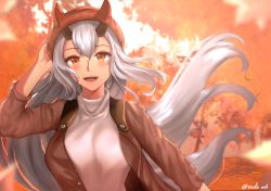 Rule 34 | 1girl, :d, alternate costume, autumn, autumn leaves, bad id, bad pixiv id, blush, breasts, brown coat, casual, coat, commentary request, contemporary, fate/grand order, fate (series), hand on headwear, hat, highres, horns, horns through headwear, large breasts, leaf, long hair, looking at viewer, maple leaf, oni horns, open mouth, rayleigh scale, red eyes, red hat, silver hair, smile, solo, sweater, sweater under jacket, tomoe gozen (fate), turtleneck, turtleneck sweater, upper body, very long hair, white sweater