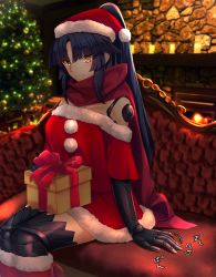 Rule 34 | 1girl, android, blue hair, box, christmas, christmas tree, dress, fate/grand order, fate (series), fur-trimmed dress, fur-trimmed headwear, fur trim, gift, gift box, hat, highres, indoors, joints, katou danzou (fate), long hair, looking at viewer, ponytail, red dress, red scarf, robot joints, santa costume, santa dress, santa hat, scarf, sebire, sitting, smile, solo, thighhighs, yellow eyes