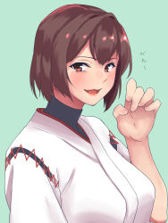 Rule 34 | 1girl, blue background, brown eyes, brown hair, curled fingers, highres, hyuuga (kancolle), hyuuga kai ni (kancolle), japanese clothes, kantai collection, kimono, lips, looking at viewer, shingyou (alexander-13), short hair, simple background, smile, solo, undershirt, upper body, white kimono