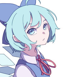 Rule 34 | 1girl, absurdres, blue bow, blue eyes, blue hair, bow, cirno, closed mouth, collared shirt, eyebrows hidden by hair, from side, hair bow, highres, ice, ice wings, kame (kamepan44231), looking at viewer, neck ribbon, one-hour drawing challenge, red ribbon, ribbon, shirt, short hair, simple background, solo, touhou, upper body, white background, white shirt, wings