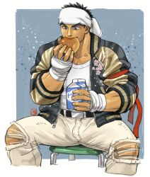 Rule 34 | 1boy, akira (lowkick), bandaged hand, bandages, bara, brown eyes, brown hair, eating, facial hair, floral print, headband, holding, holding milk carton, jacket, male focus, milk carton, muscular, muscular male, on chair, open clothes, open jacket, pants, ryu (street fighter), shirt, signature, sitting, solo, street fighter, street fighter 6, stubble, thick eyebrows, torn clothes, torn pants, two-tone background, white headband, white shirt, zipper