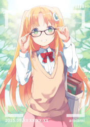 Rule 34 | 10s, 1girl, 2015, adjusting eyewear, amico, bag, bespectacled, blonde hair, blush, book, bow, bowtie, camera, copyright name, glasses, green eyes, grin, hair ornament, hairclip, long hair, looking at viewer, original, outdoors, parted bangs, red bow, red bowtie, shirt, sidelocks, smile, solo, sweater vest, tree, two side up, viewfinder, white shirt, yumekui
