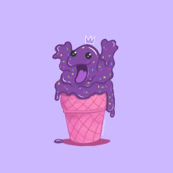 Rule 34 | :o, absurdres, arms up, artist name, black eyes, creature, creatures (company), crown, dripping, food, food focus, full body, game freak, gen 1 pokemon, grimer, hands up, highres, ice cream, ice cream cone, instagram username, looking at viewer, marshuni, melting, nintendo, no humans, open mouth, pokemon, pokemon (creature), purple background, simple background, solid circle eyes, solo, sprinkles, tongue