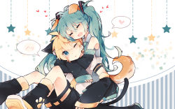 Rule 34 | 1boy, 1girl, :d, ;&lt;, animal ears, bare shoulders, black shorts, blonde hair, blue eyes, blush, boots, cat boy, cat ears, cat tail, closed eyes, commentary request, detached sleeves, dog ears, dog girl, dog tail, fang, fuuko (2679566944), green hair, hair ornament, hatsune miku, heart, hetero, hug, hug from behind, kagamine len, kemonomimi mode, long hair, messy hair, necktie, one eye closed, open mouth, paw print, short hair, short sleeves, shorts, sitting, skirt, smile, spoken blush, spoken heart, star (symbol), tail, thigh boots, thighhighs, twintails, very long hair, vocaloid