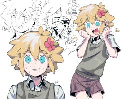 Rule 34 | 1boy, absurdres, basil (faraway) (omori), basil (omori), blonde hair, blood, blue eyes, blush, brown shorts, closed eyes, english text, flower, green sweater vest, grin, hair flower, hair ornament, highres, looking at viewer, omori, open mouth, parted lips, partially colored, remi (mozzaremi), shears, shirt, short hair, short sleeves, shorts, smile, solo, speech bubble, spoilers, sweat, sweater vest, teeth, white background, white shirt