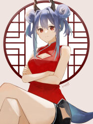 Rule 34 | 1girl, absurdres, arknights, bare arms, bare shoulders, black shorts, blue hair, breasts, ch&#039;en (ageless afterglow) (arknights), ch&#039;en (arknights), cleavage, cleavage cutout, closed mouth, clothing cutout, crossed arms, crossed legs, double bun, dragon girl, dragon horns, dragon tail, feet out of frame, grey background, hair between eyes, hair bun, highres, horns, medium breasts, motoha, red eyes, red shirt, round window, shirt, short shorts, shorts, sidelocks, signature, simple background, sitting, sleeveless, sleeveless shirt, solo, tail, twintails, window