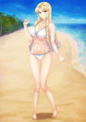 Rule 34 | 1girl, absurdres, beach, bikini, blonde hair, blue eyes, breasts, cleavage, clenched hand, drill hair, drill sidelocks, female focus, full body, hair behind ear, highres, long hair, looking to the side, marguerite pistail, medium breasts, midriff, navel, nekotama (tsuki), parted bangs, sidelocks, smile, solo, standing, super robot wars, super robot wars z, super robot wars z2, swimsuit, very long hair, white bikini