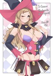 Rule 34 | 1girl, belt, blonde hair, book, breasts, commission, cosplay, detached sleeves, dura, fire emblem, fire emblem fates, garter straps, hat, large breasts, long hair, magilou (tales), magilou (tales) (cosplay), nintendo, ophelia (fire emblem), skeb commission, solo, tales of (series), tales of berseria, thighhighs, upper body, witch hat