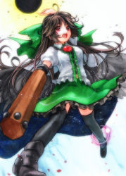 Rule 34 | 1girl, ahoge, arm cannon, arm up, bad id, bad pixiv id, black sun, black thighhighs, bow, brown hair, dress, female focus, geroro, gradient background, hair bow, hand up, long hair, open mouth, pointing, red eyes, reiuji utsuho, short sleeves, solo, sun, thighhighs, touhou, weapon, wings