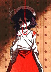 Rule 34 | 1girl, bingkuaihei, colored skin, cowboy shot, crying, crying with eyes open, detached sleeves, flat chest, frilled sleeves, frills, hair between eyes, hair intakes, hand up, hat, highres, japanese clothes, kimono, medium hair, moonlight&#039;s anti-soul (touhou), noose, parted lips, portrait of exotic girls, purple eyes, purple hair, red skirt, ribbon-trimmed sleeves, ribbon trim, skirt, sleeveless, sleeveless kimono, solo, tears, touhou, white hat, white kimono, white skin, white sleeves