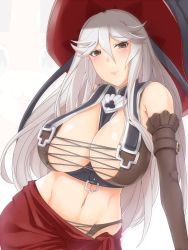 Rule 34 | 10s, 1girl, bare shoulders, breasts, brown eyes, cleavage, elbow gloves, gachou, gloves, granblue fantasy, hat, huge breasts, long hair, looking at viewer, magisa (granblue fantasy), midriff, navel, silver hair, simple background, smile, solo, white background, witch hat