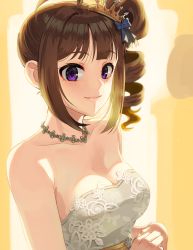 Rule 34 | 1girl, ahoge, backlighting, bare shoulders, blue bow, bow, brown hair, closed mouth, commentary, dress, drill hair, hair bow, idolmaster, idolmaster million live!, jewelry, kamille (vcx68), looking at viewer, medium hair, necklace, own hands together, purple eyes, side drill, side ponytail, sidelocks, smile, strapless, strapless dress, tiara, tilted headwear, upper body, white dress, yokoyama nao