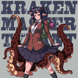 Rule 34 | 1girl, backpack, bad id, bad pixiv id, bag, black socks, blazer, blouse, clothes lift, collared shirt, demiano, frown, highres, horns, jacket, kneehighs, monster girl, octopus, original, pointy ears, red eyes, school uniform, scylla, shirt, skirt, skirt lift, socks, solo, spikes, tentacles, twintails, white shirt