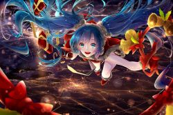 Rule 34 | 1girl, aqua eyes, aqua hair, bell, christmas, floating hair, flying, gift, hatsune miku, highres, long hair, night, open mouth, phino, solo, sunrise, twintails, very long hair, vocaloid