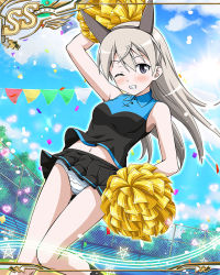 Rule 34 | 1girl, artist request, blonde hair, blush, breasts, day, eila ilmatar juutilainen, fence, holding, holding pom poms, long hair, official art, one eye closed, panties, pom pom (cheerleading), pom poms, sky, solo, strike witches, striped, teeth, track and field, tree, underwear, world witches series