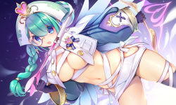 Rule 34 | 1girl, :o, black gloves, blue eyes, bow (weapon), braid, breasts, cleavage, dutch angle, gloves, green hair, hat, highres, holding, holding bow (weapon), holding weapon, large breasts, long hair, looking at viewer, mg kurino, miniskirt, monocle, open mouth, original, puffy sleeves, purple background, revealing clothes, shrug (clothing), skirt, solo, thighhighs, weapon, white skirt