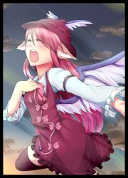 Rule 34 | 1girl, animal ears, bespectacled, bird wings, dress, earrings, closed eyes, glasses, hand on own chest, hat, highres, jewelry, matsura (nagatosan), music, mystia lorelei, open mouth, pink hair, short hair, singing, sky, solo, star (sky), starry sky, sunrise, thighhighs, touhou, wings