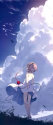 Rule 34 | 1girl, absurdres, ass, bare shoulders, bird, blue sky, breasts, cloud, cloudy sky, cropped, day, dress, dress tug, from behind, full body, hairband, highres, ke-ta, kneepits, komeiji satori, outdoors, pink hair, profile, sandals, scan, scenery, short hair, sky, small breasts, solo, standing, sundress, third eye, touhou, white dress