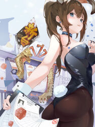 Rule 34 | 1girl, alternate costume, amiya (arknights), animal ears, arknights, artist request, ass, bare shoulders, blue eyes, breasts, brown hair, dice, dragon, earrings, embarrassed, fake animal ears, gem, gold, jewelry, large breasts, leotard, looking down, nails, pantyhose, paper, playboy bunny, rabbit ears, statue, wrist cuffs