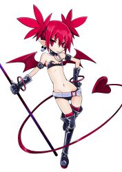 Rule 34 | 1girl, armlet, bare shoulders, belt, black bra, black choker, black footwear, black gloves, black shorts, boots, bra, bracelet, choker, closed mouth, commentary, contrapposto, demon girl, demon tail, demon wings, disgaea, donikura, earrings, elder spear, etna (disgaea), flat chest, full body, gloves, hair up, hand on own hip, holding, holding polearm, holding weapon, jewelry, light smile, looking at viewer, midriff, navel, o-ring collar, pointy ears, polearm, red eyes, red hair, red thighhighs, short shorts, shorts, simple background, skull earrings, slit pupils, smile, solo, standing, tail, thigh boots, thigh gap, thighhighs, twintails, underwear, v-shaped eyebrows, weapon, white background, white belt, wings