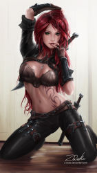 Rule 34 | 1girl, breasts, gloves, green eyes, highres, katarina (league of legends), kneeling, league of legends, long hair, looking at viewer, medium breasts, midriff, navel, parted lips, red hair, scar, scar across eye, scar on face, solo, spread legs, tattoo, z-duke