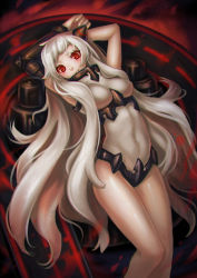 Rule 34 | 10s, 1girl, airfield princess, arms up, covered navel, gradient background, kaizeru, kantai collection, leotard, long hair, looking at viewer, red eyes, solo, very long hair, white hair