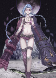 Rule 34 | 1girl, absurdres, belt, blue hair, boots, braid, breasts, bullet, gloves, highres, jinx (league of legends), league of legends, long hair, moon, pink eyes, shorts, single thighhigh, smile, tattoo, thighhighs, twin braids, weapon