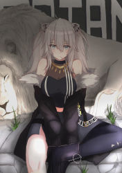 Rule 34 | 1girl, absurdres, breasts, character name, cleavage, highres, hololive, huge filesize, large breasts, lion, long hair, looking at viewer, see-through, see-through cleavage, shishiro botan, shishiro botan (1st costume), sitting, solo, torn clothes, virtual youtuber