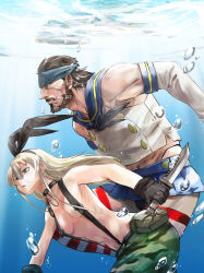 Rule 34 | 1boy, 1girl, beard, big boss, blonde hair, breasts, camouflage, combat knife, cosplay, costume switch, crossdressing, crossover, elbow gloves, facial hair, gloves, headband, highres, ikuyoan, kantai collection, knife, long hair, metal gear (series), metal gear solid, military, military uniform, parody, shimakaze (kancolle), small breasts, striped clothes, striped thighhighs, suspenders, thighhighs, underwater, uniform, weapon