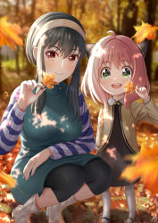 Rule 34 | 2girls, ahoge, akiyama0818, anya (spy x family), autumn, autumn leaves, black hair, breasts, child, green eyes, hairband, hairpods, highres, holding, holding leaf, large breasts, leaf, long hair, mother and daughter, multiple girls, pantyhose, pink hair, red eyes, shirt, signature, smile, spy x family, squatting, standing, striped clothes, striped shirt, white footwear, white hairband, white pantyhose, yor briar