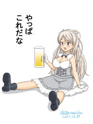 Rule 34 | 1girl, alcohol, armpit cutout, beer, beer mug, black footwear, boots, breasts, brown eyes, cleavage, cleavage cutout, clothing cutout, commentary request, conte di cavour (kancolle), conte di cavour nuovo (kancolle), corset, cup, dress, frilled dress, frills, geru, gloves, kantai collection, large breasts, long hair, mug, silver hair, sitting, solo, translated, two-tone dress, two side up, white dress, white gloves