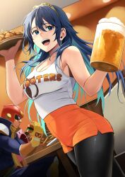Rule 34 | 1boy, 1girl, :d, alcohol, alternate breast size, alternate costume, bare shoulders, beer, beer mug, black pantyhose, blue eyes, blue hair, blush, breasts, burger, captain falcon, cleavage, cup, eating, f-zero, fire emblem, fire emblem awakening, food, french fries, gloves, hair between eyes, helmet, highres, holding, holding cup, holding food, hooters, indoors, izawa (bhive003), kirby, large breasts, long hair, looking at viewer, lucina (fire emblem), mug, nintendo, open mouth, orange shorts, pantyhose, shiny clothes, shirt, shorts, smile, super smash bros., table, teeth, tiara, tongue, upper teeth only, waitress, white shirt