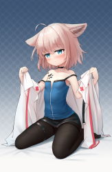 Rule 34 | 1girl, absurdres, ahoge, akelp, animal ears, arknights, bare shoulders, black choker, black pantyhose, black skirt, blue background, blue eyes, blue shirt, blush, brown hair, choker, coat, collarbone, fox ears, gradient background, highres, looking at viewer, material growth, open mouth, oripathy lesion (arknights), pantyhose, shirt, short hair, sitting, skirt, solo, strap slip, sussurro (arknights), thigh strap, thighs, undressing, wariza, white coat