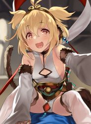Rule 34 | 1girl, 92m, andira (granblue fantasy), animal ears, antenna hair, bare shoulders, blonde hair, blush, breasts, brown eyes, detached leggings, detached sleeves, erune, granblue fantasy, hagoromo, hair between eyes, highres, long sleeves, looking at viewer, monkey ears, monkey girl, monkey tail, open mouth, outstretched arm, red ribbon, ribbon, shawl, short hair, sitting, small breasts, smile, tail, two side up, white legwear, wide sleeves