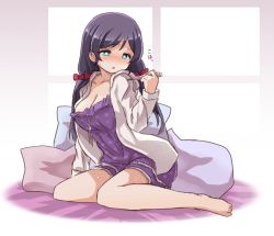 Rule 34 | 10s, 1girl, bare legs, barefoot, bed sheet, blue eyes, blush, bow, breasts, cleavage, commentary request, fever, hair bow, hood, hood down, hooded jacket, jacket, large breasts, love live!, love live! school idol festival, love live! school idol project, nightgown, pillow, purple hair, shipii (jigglypuff), sitting, solo, sweat, thermometer, tojo nozomi, twintails, wariza, yokozuwari