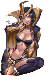Rule 34 | 1girl, black hair, breasts, character name, cleavage, collar, cropped legs, fellatio gesture, forehead jewel, gesture, high collar, highres, kumiko shiba, large breasts, league of legends, leblanc (league of legends), looking at viewer, nail polish, navel, popped collar, purple eyes, purple thighhighs, short hair, simple background, solo, thighhighs, tongue, tongue out, white background, wide hips